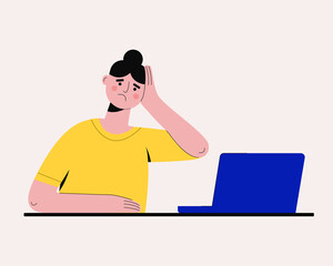 Fototapeta na wymiar Tired sad woman working on laptop. Stress because of computer problems, professional burnout, office or freelance overworking, bad online news. Vector illustration