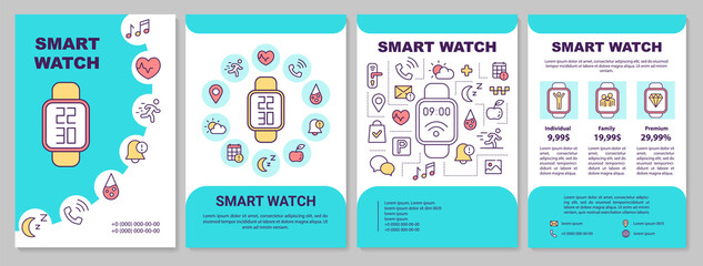 Naklejka premium Smart watch technology brochure template. Subscription types. Flyer, booklet, leaflet print, cover design with linear icons. Vector layouts for magazines, annual reports, advertising posters