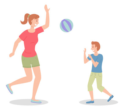 Mom And Son Play The Ball. Woman In Shorts, Boy In Blue T-shirt. Beach Volleyball. Family Outdoor Recreational Activities. People Actively Relax, Playing With The Ball. Flat Cartoon Characters