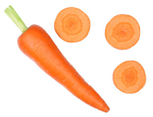 Carrots and slices isolated on white, top view