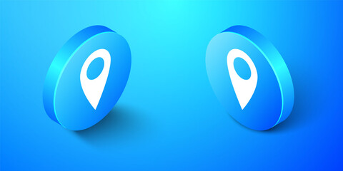 Isometric Location icon isolated on blue background. Pointer symbol. Navigation map, gps, direction, place, compass, contact, search concept. Blue circle button. Vector illustration