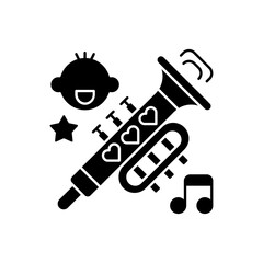 Kid music black glyph icon. Happy songs. Musical genres. Trombone with little hearts. Children singing hobby. Different song notes. Silhouette symbol on white space. Vector isolated illustration