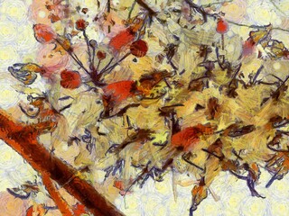 White and pink flower bushes on the tree Illustrations creates ant style impressionis of painting.