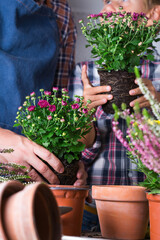 Child helps to father planting flowers. Family time at home