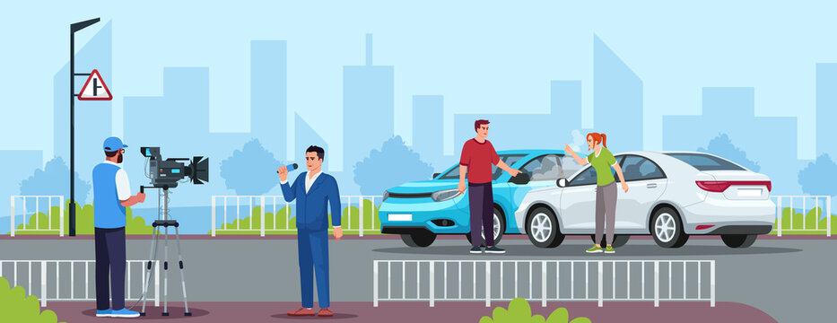 Car crash semi flat vector illustration. Reportage from highway. Television crew members. Tv cameraman with modern equipment. Breaking news 2D cartoon characters for commercial use