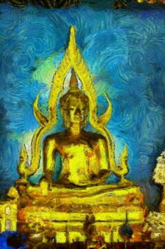 Golden buddha Illustrations creates ant style impressionis of painting.