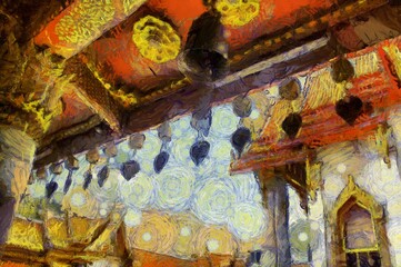 Ancient thai architecture Illustrations creates ant style impressionis of painting.