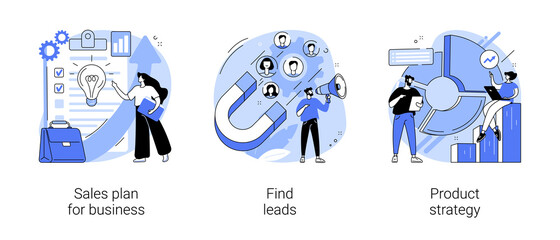 Marketing plan and business strategy abstract concept vector illustration set. Sales plan for business, find leads, product strategy, budget growth, brand awareness, target group abstract metaphor.