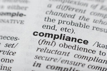 Dictionary definition of the word COMPLIANCE. Close-up shot - obrazy, fototapety, plakaty