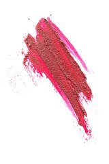 Creamy red lipstick in liquid form, textural strokes isolated on white background. Concept of trends in cosmetics, makeup.