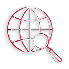 Paper cut Magnifying glass with globe icon isolated on white background. Analyzing the world. Global search sign. Paper art style. Vector.