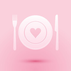 Paper cut Heart on plate, fork and knife icon isolated on pink background. Happy Valentine's day. Paper art style. Vector.