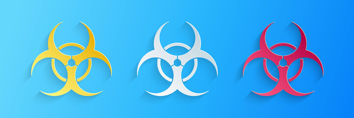 Paper cut Biohazard symbol icon isolated on blue background. Paper art style. Vector.