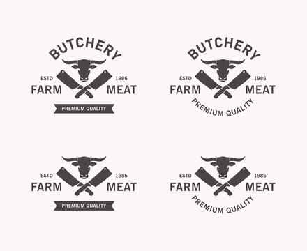 Set of color illustrations of crossed knives, bull, ribbon and text on the background. Vector illustration in vintage style advertises a butcher shop. Illustration for logos, emblems.