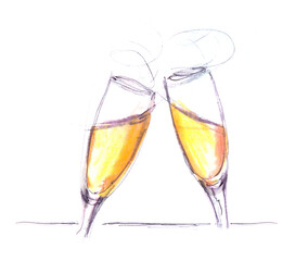 watercolor hand sketch of 2 glasses of champagne