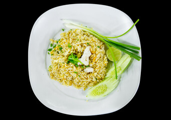 Top view of Crab fried rice topping with crab.