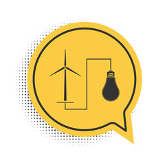 Black Wind mill turbine generating power energy and bulb icon isolated on white background. Natural renewable energy production using wind mills. Yellow speech bubble symbol. Vector.