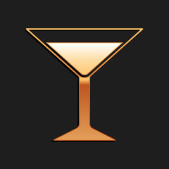 Gold Martini glass icon isolated on black background. Cocktail icon. Wine glass icon. Long shadow style. Vector.