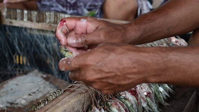 close up hands old fisherman incarnate hooks longline