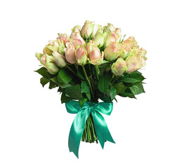 A festive bouquet of green and pink roses with a beautiful green bow isolated on white background....