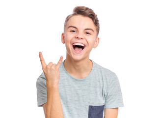 Handsome teen boy laughing looking very happy, isolated on white background.