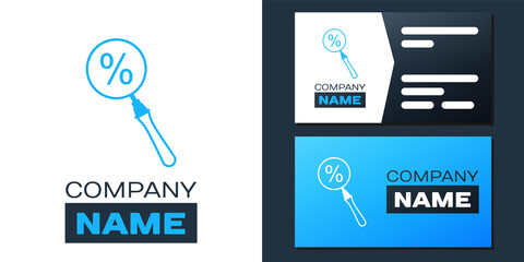 Logotype Magnifying glass with percent discount icon isolated on white background. Discount offers searching. Search for discount sale sign. Logo design template element. Vector.