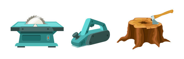 Wood industry material tools planer, sawing machine and tree stump with axe. Logs, boards for the forest lumber industry and farming set cartoon vector - obrazy, fototapety, plakaty