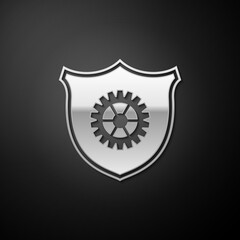 Silver Shield with gear icon isolated on black background. Long shadow style. Vector.