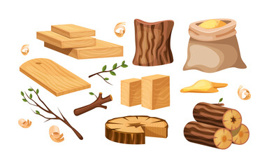Wood industry products, tree trunks, bark, wood kitchen utensils, branches, planks, wooden furniture, chest, shavings. Logs, boards for the forest lumber industry set vector