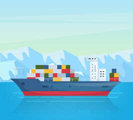 Maritime ships at sea. Industrial sea cargo logistics container, container ship with load. Seagoing freight transport, global cargo shipping concept