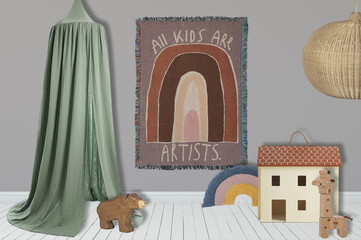 Cool playroom or kids room or nursery with childrens rug and tepee