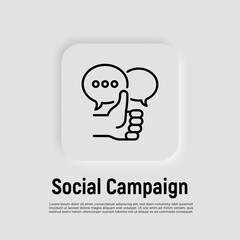 Social marketing: thumbs up and speech bubbles. Thin line icon. Report, review, advertising in internet. Vector illustration.