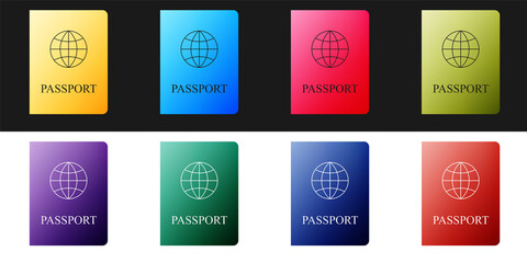 Set Passport with biometric data icon isolated on black and white background. Identification Document. Vector.