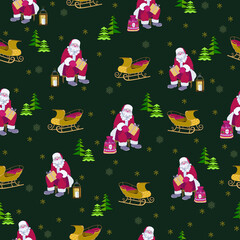 Sitting Santa with a lamp and a bag of gifts. Green background with images of sleds, Christmas trees and snowflakes. Template for design print, fabric, wallpaper and box.