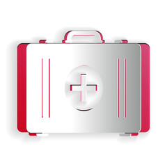 Paper cut First aid kit icon isolated on white background. Medical box with cross. Medical equipment for emergency. Healthcare concept. Paper art style. Vector.