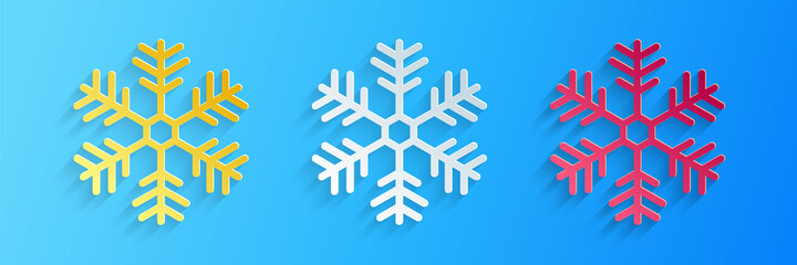 Paper cut Snowflake icon isolated on blue background. Paper art style. Vector.