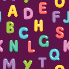 Funny children seamless pattern with color letters. Colorful alphabet on a lilac background. Vector illustration.