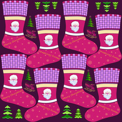 Christmas boots on a burgundy background with images of trees and sleighs. Textile composition, template for design print, fabric, wallpaper and box.