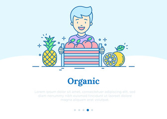 Organic shop concept. Man with fruit box. Peach, pineapple, lemon thin line icons. Vector illustration.