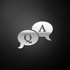 Silver Question and Answer mark in speech bubble icon isolated on black background. Q and A symbol. FAQ sign. Copy files, chat speech bubble. Long shadow style. Vector.
