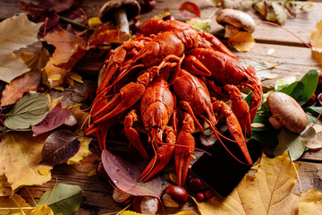 Crayfish on wooden table