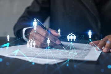 Woman signs agreement. Social network and planet earth hologram. Double exposure. Internet people...