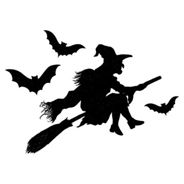 Hand Drawn Halloween Witch Flying with Magic Broom with Bats