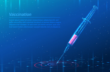 vector 3d vaccine syringe in dark blue. Medicine and technology concept, tech digital low poly background.