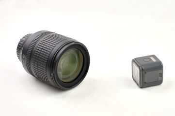 Reflex camera lens on white background