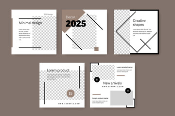 Interior design social media posts for instagram and facebook. Brown vector illustrations with square shapes for digital marketing or online advert