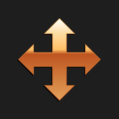 Gold Arrows in four directions icon isolated on black background. Long shadow style. Vector.