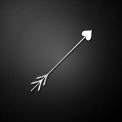Silver Cupid arrow heart, Valentines Day cards icon isolated on black background. Long shadow style. Vector.