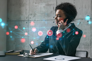 Businesswoman speaks phone and abstract technology hologram. Double exposure.
