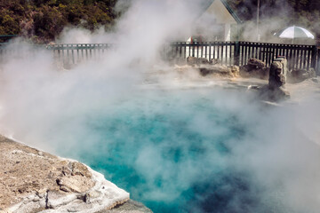 Steam rising from geothermal pool in Maori village